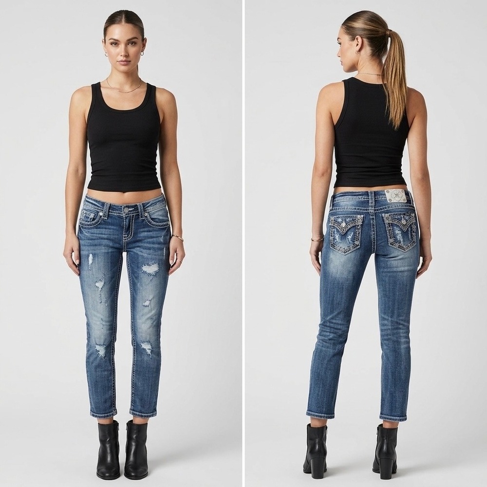 Miss Me Signature Crop Jeans 25 Blue‎ Distressed Embellished JE8376C Low Rise